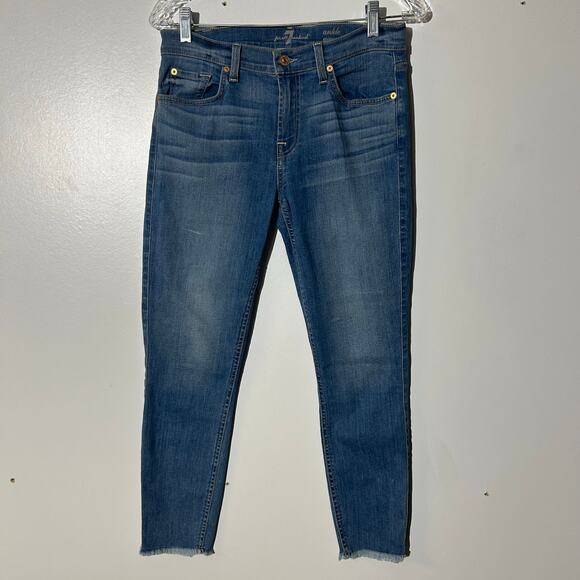 7 For All Mankind Frayed Ankle Hem Skinny Washed Blue Jeans Women’s Size 28 - Picture 1 of 7